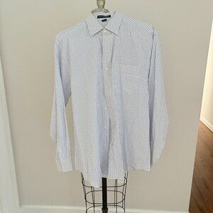Devon & Jones Men's White/Blue Windowpane Shirt Cotton Button Down Long Sleeve L
